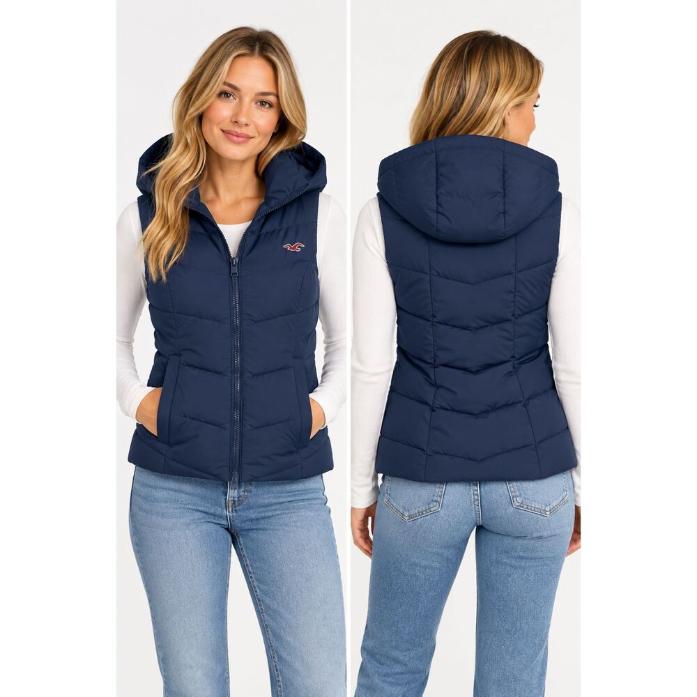 Hollister Womens XS Navy Hooded Puffer Vest Green Lining